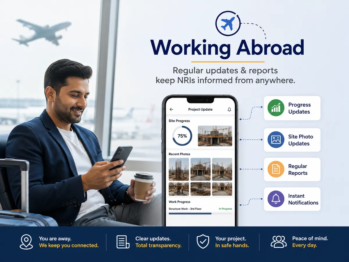 Working abroad — regular updates, site photos, and instant notifications keep NRIs fully informed from anywhere.
