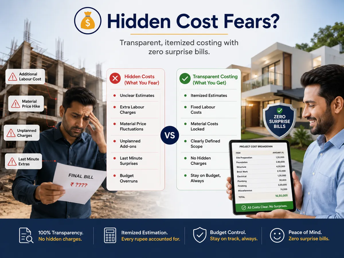 Hidden cost fears — transparent, itemized costing with zero surprise bills, fixed labour and material costs, and full budget control.