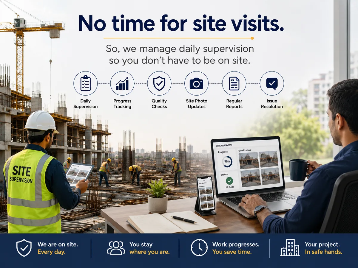 No time for site visits — we manage daily supervision, progress tracking, quality checks, photo updates, and issue resolution so you don't have to be on-site.