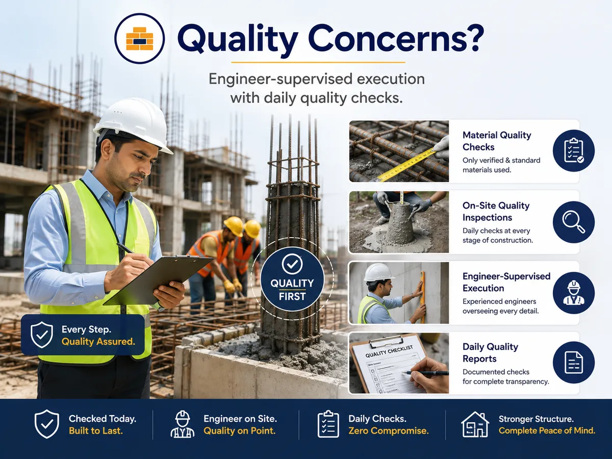 Quality concerns — engineer-supervised execution with daily material checks, on-site inspections, and documented quality reports.